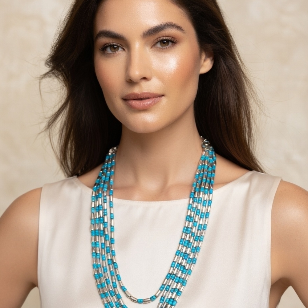 Source Unknown Turquoise And Silver Multi-Strand … - image 1
